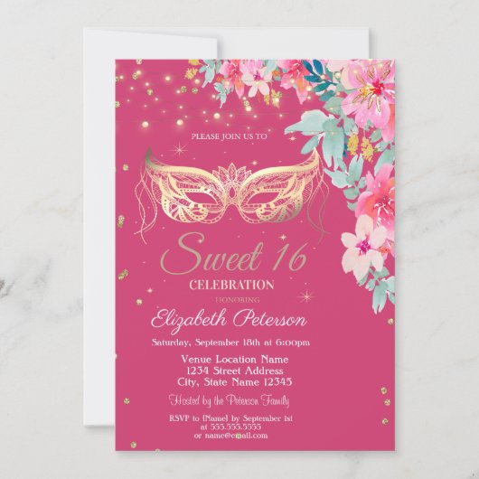 Masquer,Diamonds Spring Flowers Sweet 16 Einladung (Vorderseite)