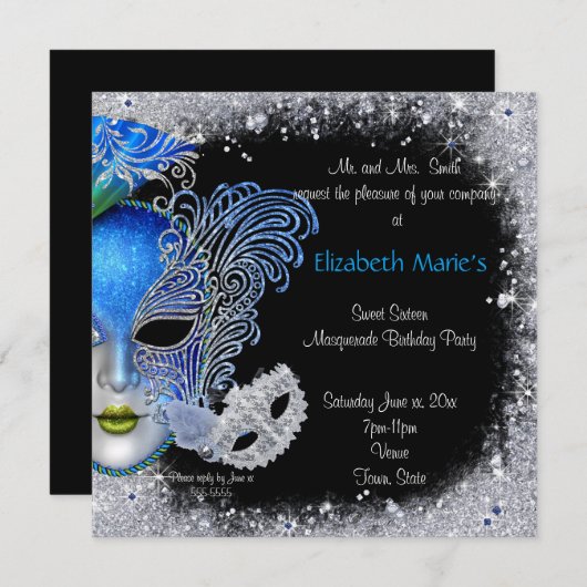 Masquerade, 16 . Geburtstag, Einladung des Glitzer (Vorne/Hinten)