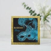 Masquerade 16 . Geburtstag Party blau, Goldfolie Einladung (Stehend Vorderseite)