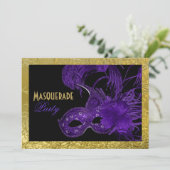 Masquerade 16 . Geburtstag Party lila, Goldfolie Einladung (Stehend Vorderseite)