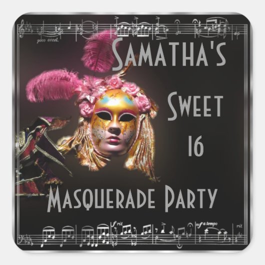Masquerade 16 . Geburtstag Quadratischer Aufkleber (Vorderseite)