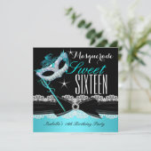 Masquerade 16 . Geburtstag Sweet 16 Aquamarin Blue Einladung (Stehend Vorderseite)