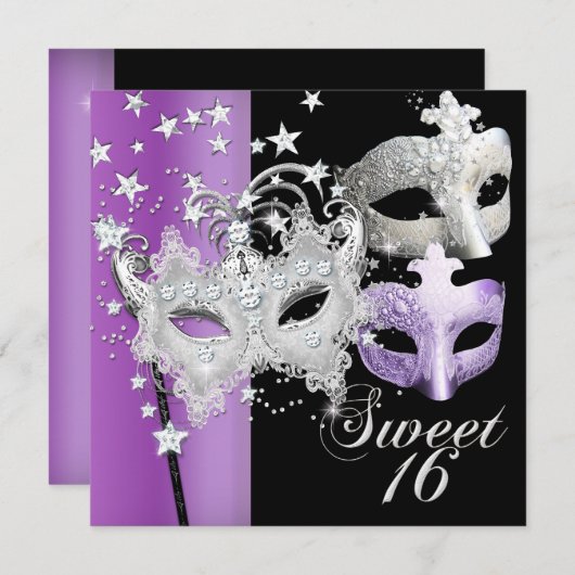 Masquerade 16 . Geburtstag Sweet 16 Lilac Black Einladung (Vorne/Hinten)