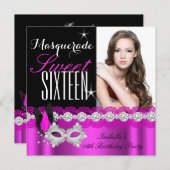 Masquerade 16 . Geburtstag Sweet 16 Rosa Foto Einladung (Vorne/Hinten)