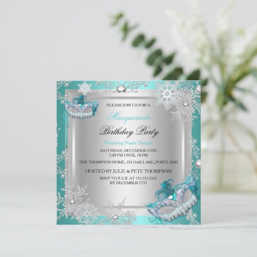 Masquerade Aquamarin Blue Silver Snowflakes Masken Einladung (Stehend Vorderseite)