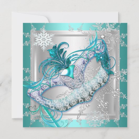Masquerade Aquamarin Blue Silver Snowflakes Masken Einladung (Rückseite)