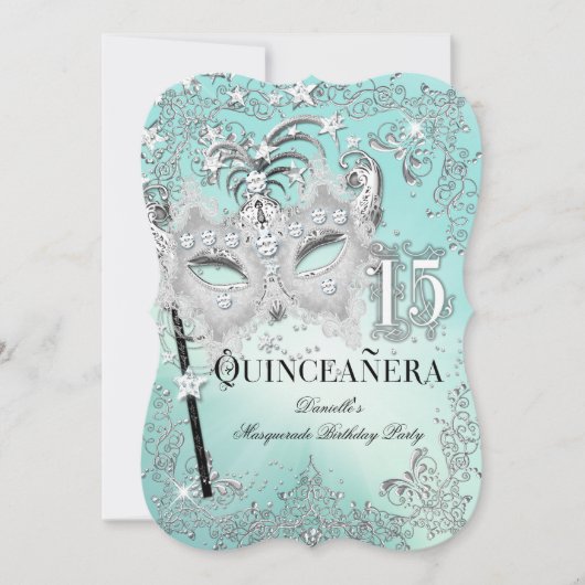 Masquerade Aquamarin Silver Quinceanera Geburtstag Einladung (Vorderseite)