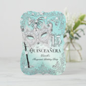 Masquerade Aquamarin Silver Quinceanera Geburtstag Einladung (Stehend Vorderseite)