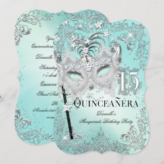 Masquerade Aquamarin Silver Quinceanera Geburtstag Einladung