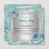 Masquerade Aquamarin Silver Snowflakes Masken Part Einladung (Vorne/Hinten)