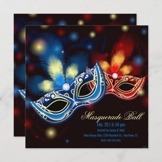 Masquerade B Rot und Blau Elegant Einladung (Vorne/Hinten)
