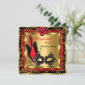 Masquerade Ball Gold Red Black Mask Rose Einladung (Stehend Vorderseite)