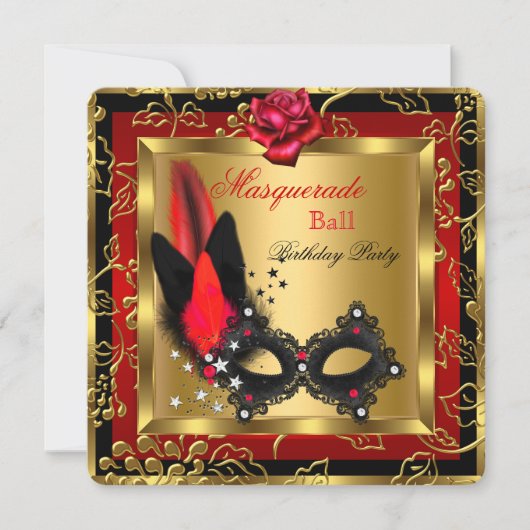 Masquerade Ball Gold Red Black Mask Rose Einladung (Vorderseite)