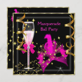 Masquerade Ball Hot-Pink Black Gold Maske Party Einladung (Vorne/Hinten)