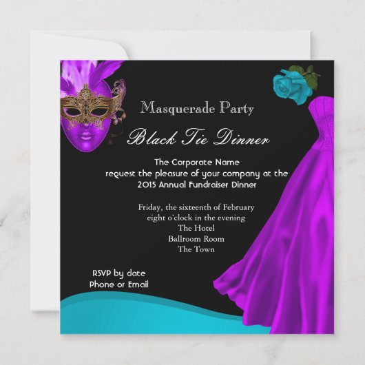 Masquerade Ball Lila Aquamarin Black Krawatte Part Einladung (Rückseite)