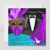 Masquerade Ball Lila Aquamarin Black Krawatte Part Einladung (Vorderseite)