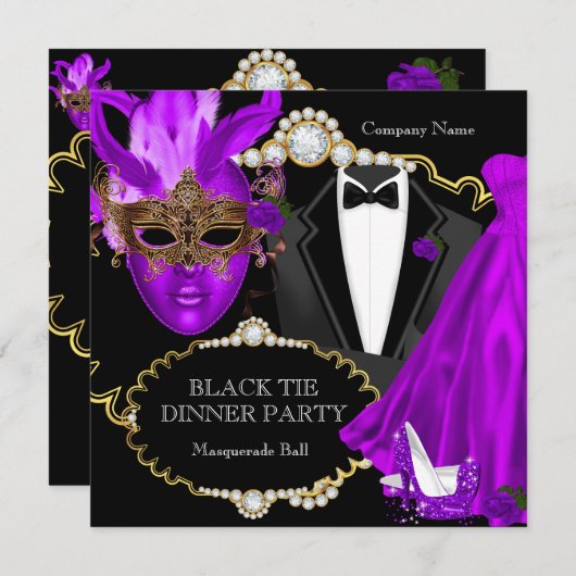 Masquerade Ball Lila Black Krawatte Dinner Party Einladung (Vorne/Hinten)