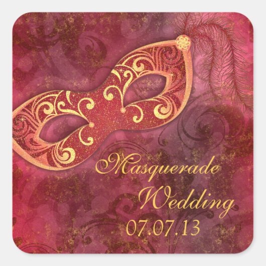 Masquerade Ball Mardi Gras Burgundy Wedding Quadratischer Aufkleber (Vorderseite)