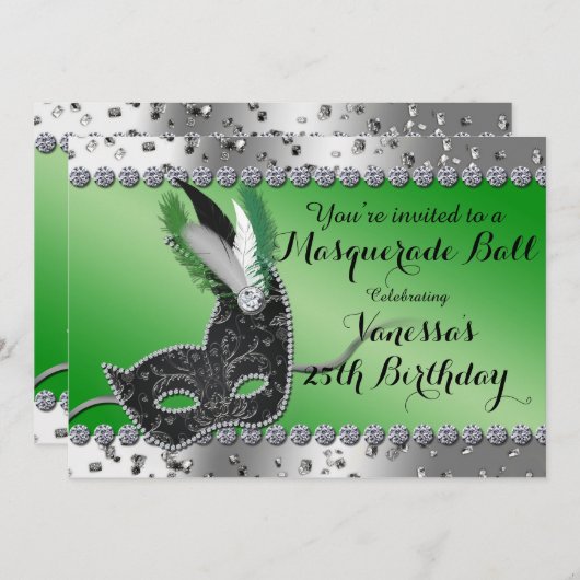 Masquerade Ball Maske Green Silver Party Einladung (Vorne/Hinten)
