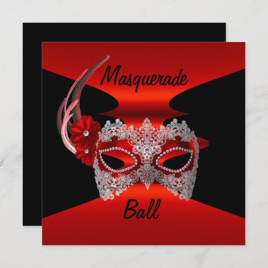 Masquerade Ball Masken Rote Seidenschwarze Einlade Einladung (Vorne/Hinten)