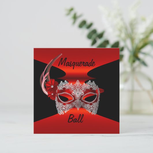 Masquerade Ball Masken Rote Seidenschwarze Einlade Einladung (Stehend Vorderseite)