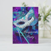 Masquerade Ball Party Aquamarin Blau Lila Masken S Einladung (Stehend Vorderseite)