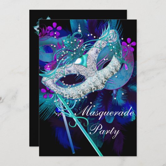 Masquerade Ball Party Aquamarin Blue Black Masques Einladung (Vorne/Hinten)
