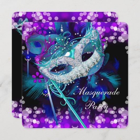 Masquerade Ball Party Aquamarin Blue Lila Mask 2 Einladung (Vorne/Hinten)