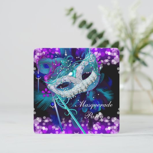 Masquerade Ball Party Aquamarin Blue Lila Mask 2 Einladung (Stehend Vorderseite)