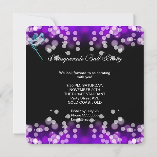 Masquerade Ball Party Aquamarin Blue Lila Mask 2 Einladung (Rückseite)