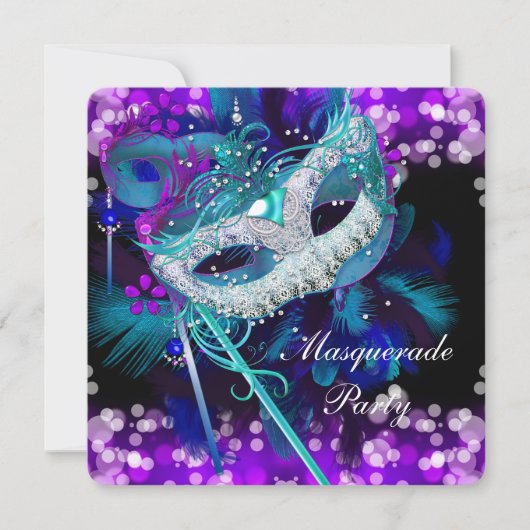 Masquerade Ball Party Aquamarin Blue Lila Mask 2 Einladung (Vorderseite)