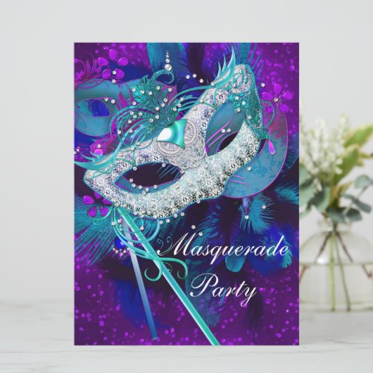 Masquerade Ball Party Aquamarin Blue Lila Masken g Einladung (Stehend Vorderseite)