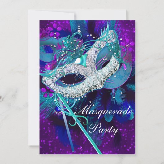 Masquerade Ball Party Aquamarin Blue Lila Masken g Einladung (Vorderseite)