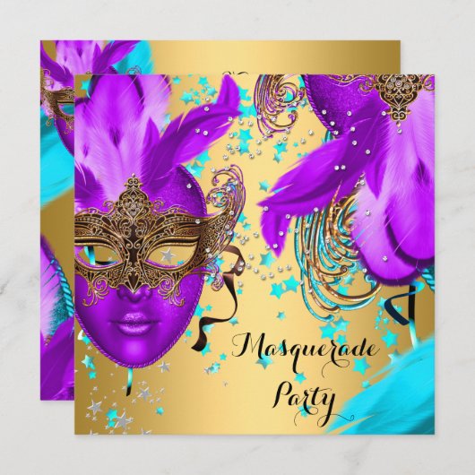 Masquerade Ball Party Lila Aquamarin Blue Masken G Einladung (Vorne/Hinten)