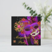 Masquerade Ball Party Lila Rosa Schwarze Masken Einladung (Stehend Vorderseite)