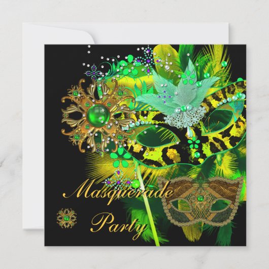 Masquerade Ball Party Lime Green Black Masks Einladung (Vorderseite)