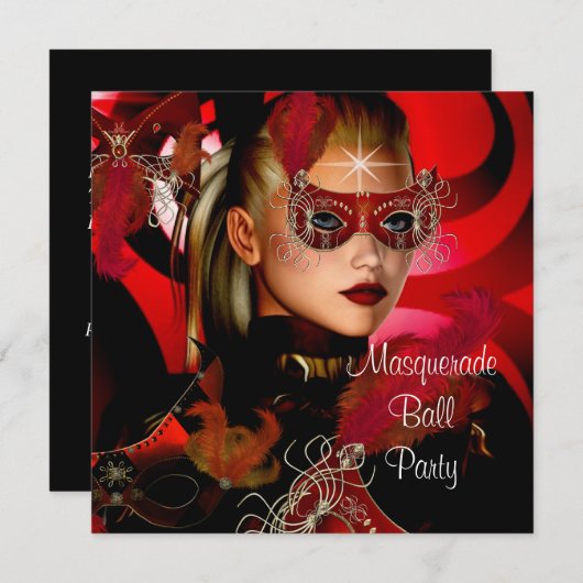Masquerade Ball Party Maske Black Red Girl 3 Einladung (Vorne/Hinten)