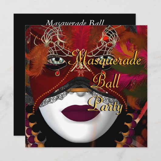 Masquerade Ball Party Maske Schwarz Rot 2 Einladung (Vorne/Hinten)
