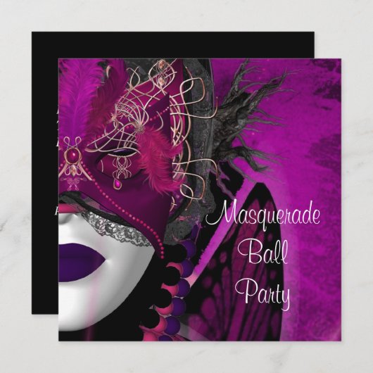 Masquerade Ball Party Maske Schwarzes Rosa Lila Mä Einladung (Vorne/Hinten)