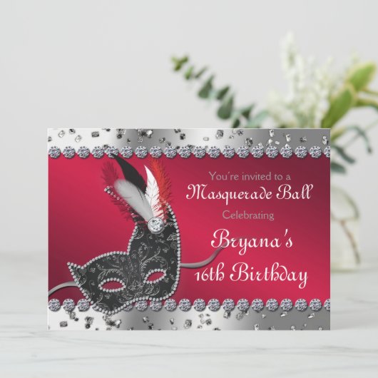 Masquerade Ball Party Silber und Rot Einladung (Stehend Vorderseite)