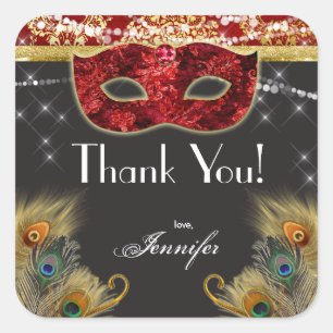 Masquerade Ball Red Gold Peacock Geburtstagsticker Quadratischer Aufkleber