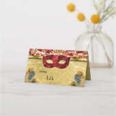 Masquerade Ball Red Gold Peacock Party Platzkarte (Vorderseite)