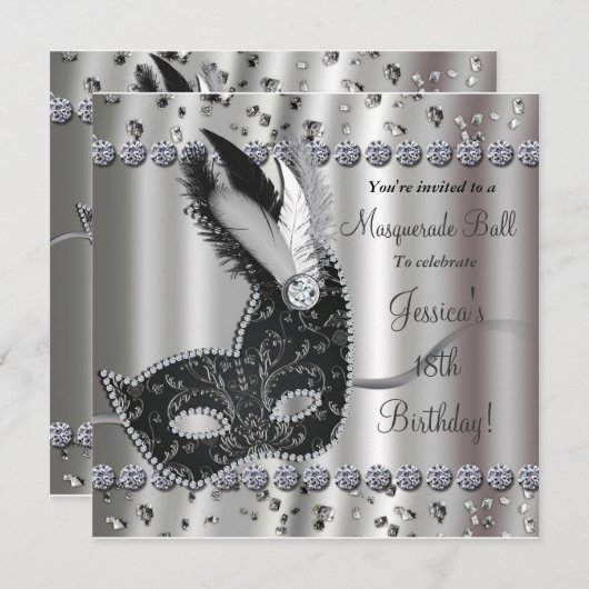 Masquerade Ball Silver Black Party Einladung (Vorne/Hinten)