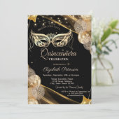 Masquerade Balloons Stars Black Quinceañera Einladung (Stehend Vorderseite)
