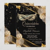 Masquerade Balloons Stars Black Quinceañera Einladung (Vorne/Hinten)