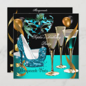 Masquerade Birthday Aquamarin Gold Wine Stiletto 2 Einladung (Vorne/Hinten)
