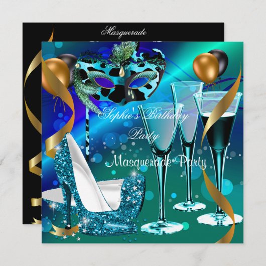 Masquerade Birthday Aquamarin Gold Wine Stiletto 3 Einladung (Vorne/Hinten)