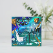 Masquerade Birthday Aquamarin Gold Wine Stiletto 3 Einladung (Stehend Vorderseite)