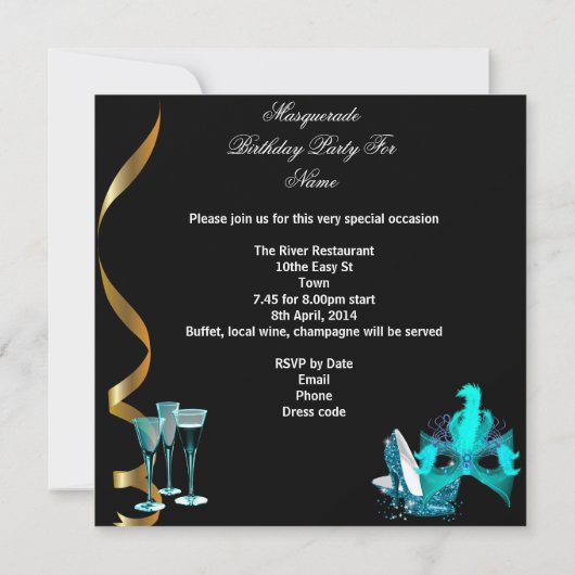 Masquerade Birthday Aquamarin Gold Wine Stiletto 4 Einladung (Rückseite)