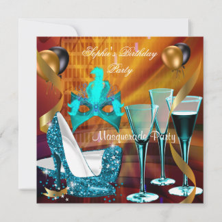 Masquerade Birthday Aquamarin Gold Wine Stiletto 4 Einladung